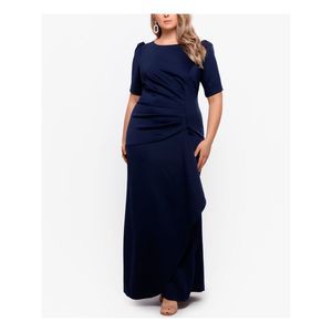 XSCAPE Womens Navy Scuba Draped Pouf Sleeve Full-Length Gown Dress Plus 18W
